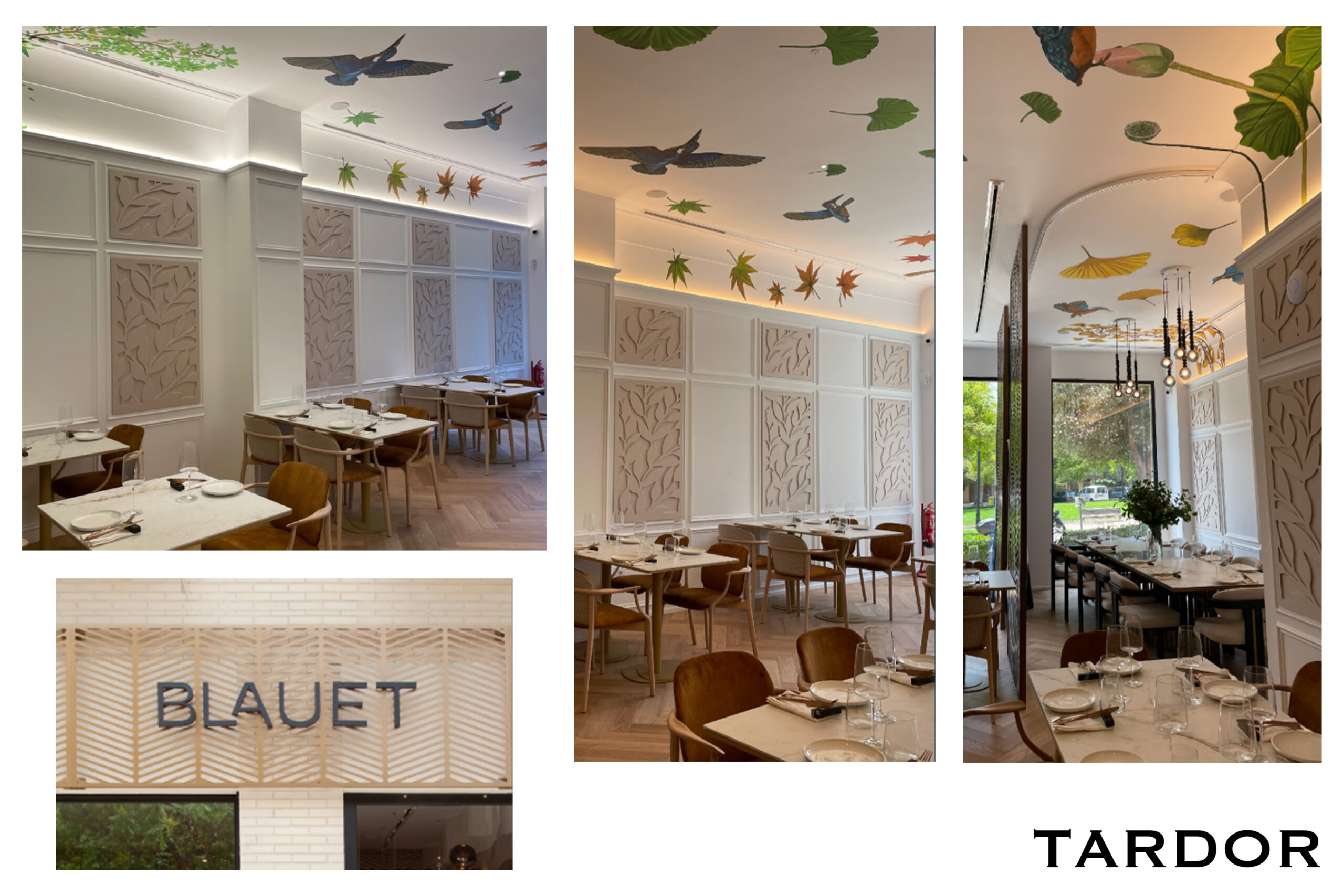 Arte mural en restaurante de Valencia — techo pintado con naturaleza y fauna.