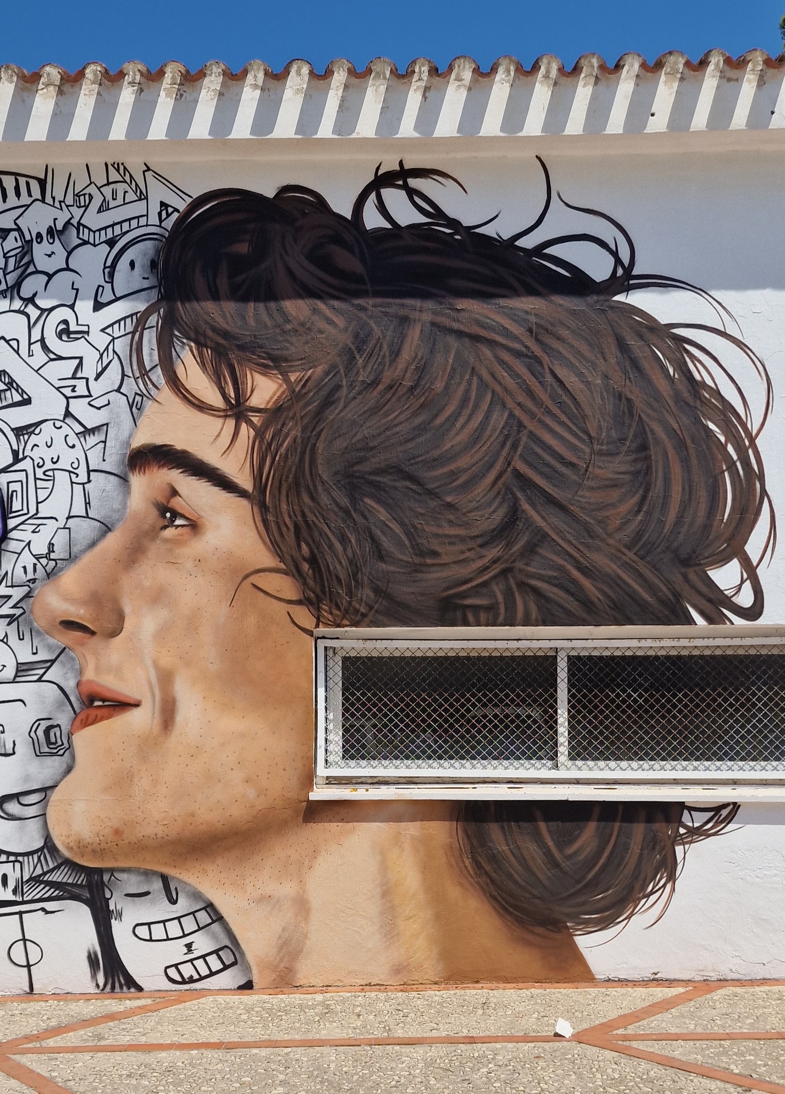 Vista lateral del mural urbano en Casal Jove Dénia, obra de Tardor.